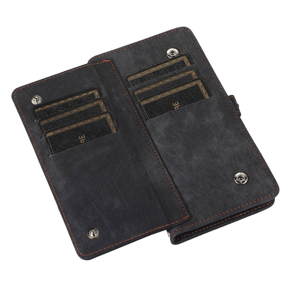 For iPhone 14 6.1 inch Zipper Pocket Design 9 Card Slots Phone Wallet Case PU Leather Stand Shockproof Cover with Wrist Strap