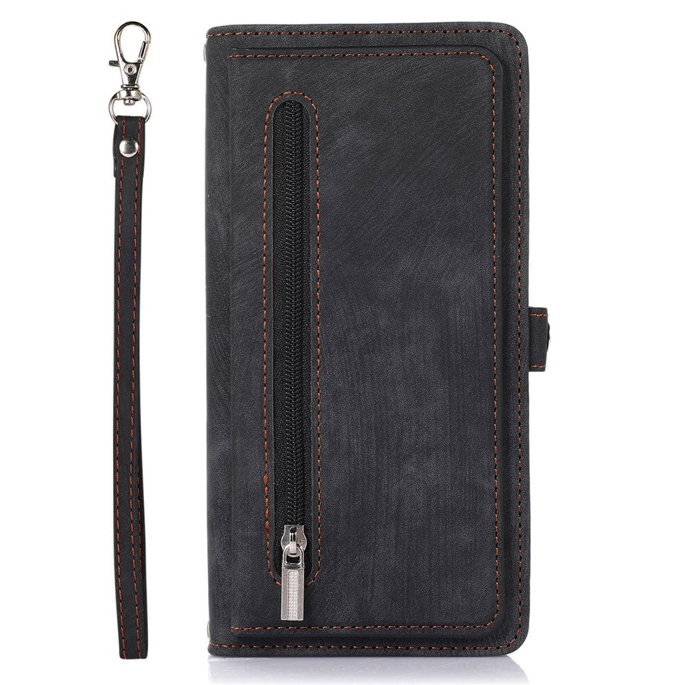 For iPhone 14 6.1 inch Zipper Pocket Design 9 Card Slots Phone Wallet Case PU Leather Stand Shockproof Cover with Wrist Strap