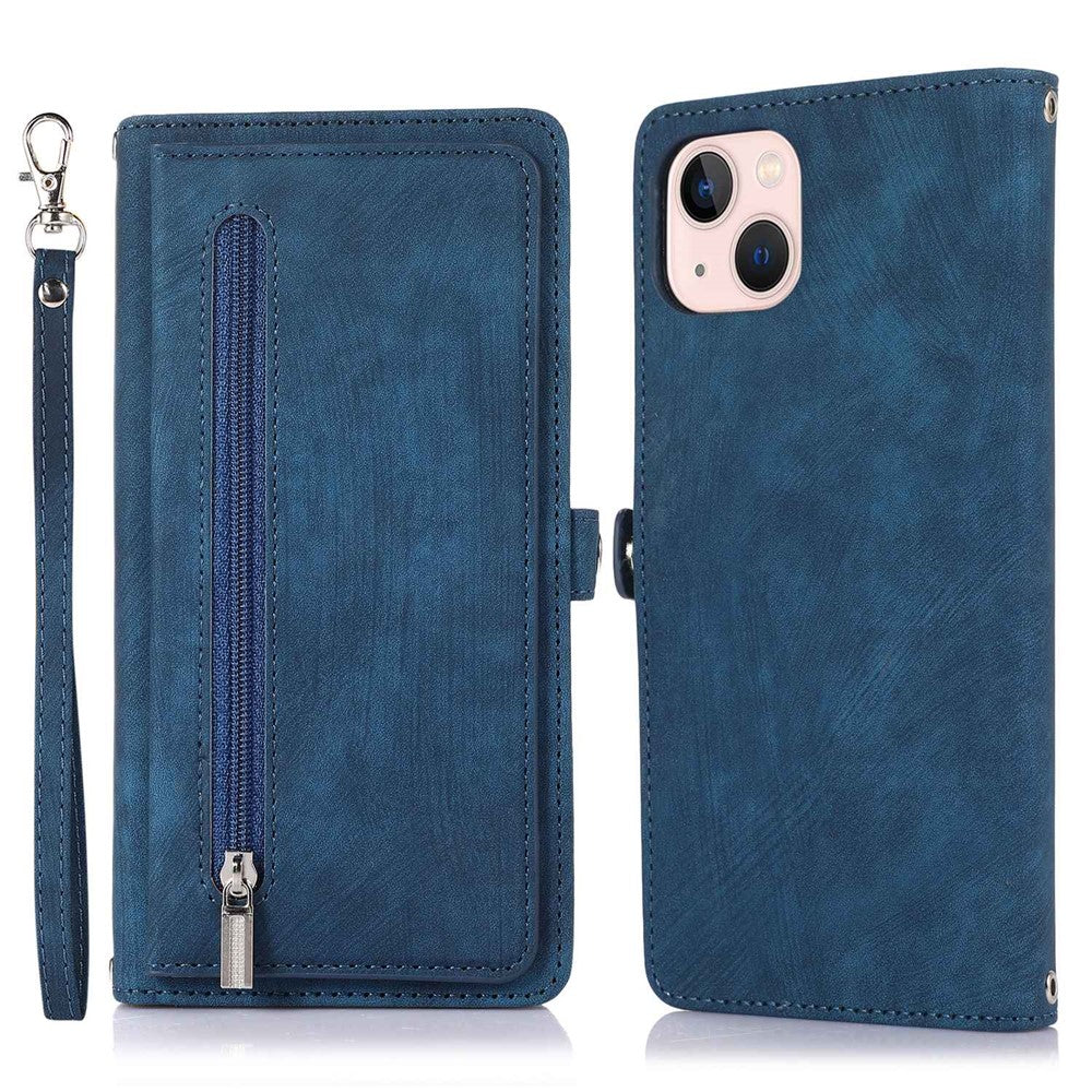For iPhone 14 6.1 inch Zipper Pocket Design 9 Card Slots Phone Wallet Case PU Leather Stand Shockproof Cover with Wrist Strap