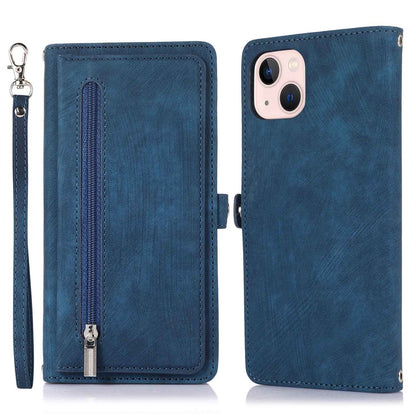 For iPhone 14 6.1 inch Zipper Pocket Design 9 Card Slots Phone Wallet Case PU Leather Stand Shockproof Cover with Wrist Strap