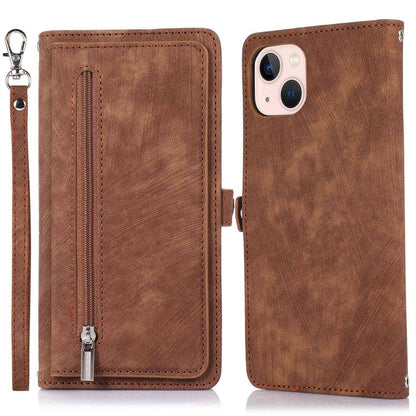 For iPhone 14 6.1 inch Zipper Pocket Design 9 Card Slots Phone Wallet Case PU Leather Stand Shockproof Cover with Wrist Strap