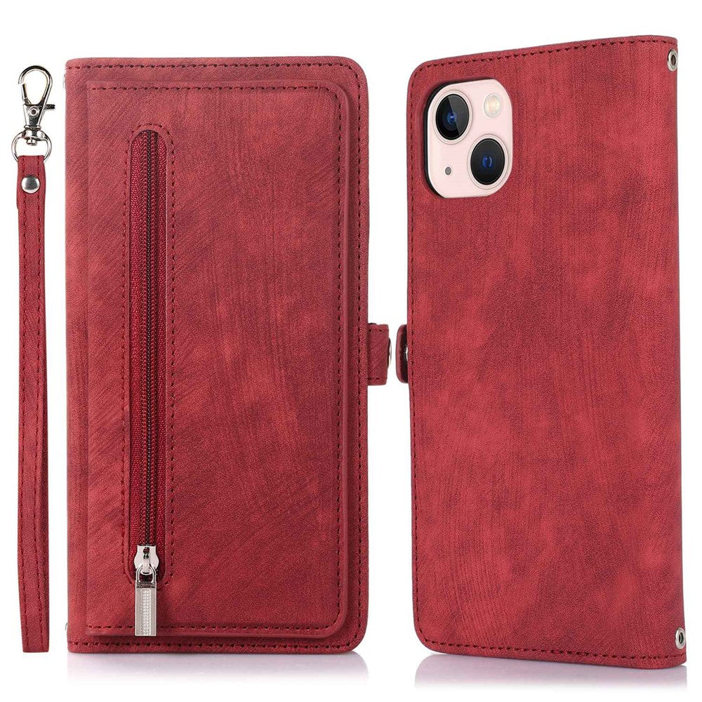 For iPhone 14 6.1 inch Zipper Pocket Design 9 Card Slots Phone Wallet Case PU Leather Stand Shockproof Cover with Wrist Strap