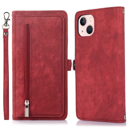 For iPhone 14 6.1 inch Zipper Pocket Design 9 Card Slots Phone Wallet Case PU Leather Stand Shockproof Cover with Wrist Strap