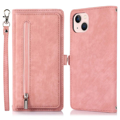 For iPhone 14 6.1 inch Zipper Pocket Design 9 Card Slots Phone Wallet Case PU Leather Stand Shockproof Cover with Wrist Strap