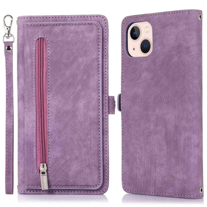 For iPhone 14 6.1 inch Zipper Pocket Design 9 Card Slots Phone Wallet Case PU Leather Stand Shockproof Cover with Wrist Strap