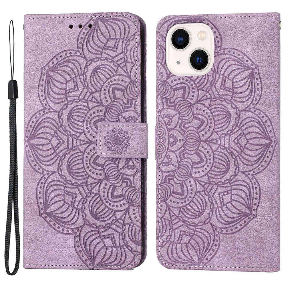 For iPhone 14 Plus Mandala Flower Imprinted Wallet Case PU Leather Wrist Strap Stand Feature Flip Cover