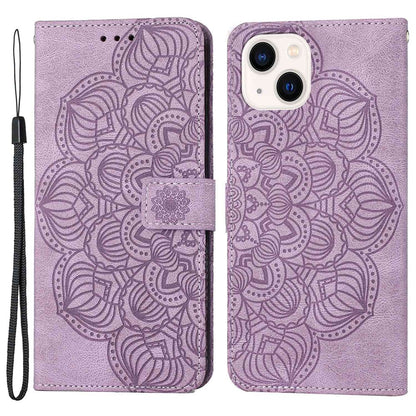 For iPhone 14 Plus Mandala Flower Imprinted Wallet Case PU Leather Wrist Strap Stand Feature Flip Cover