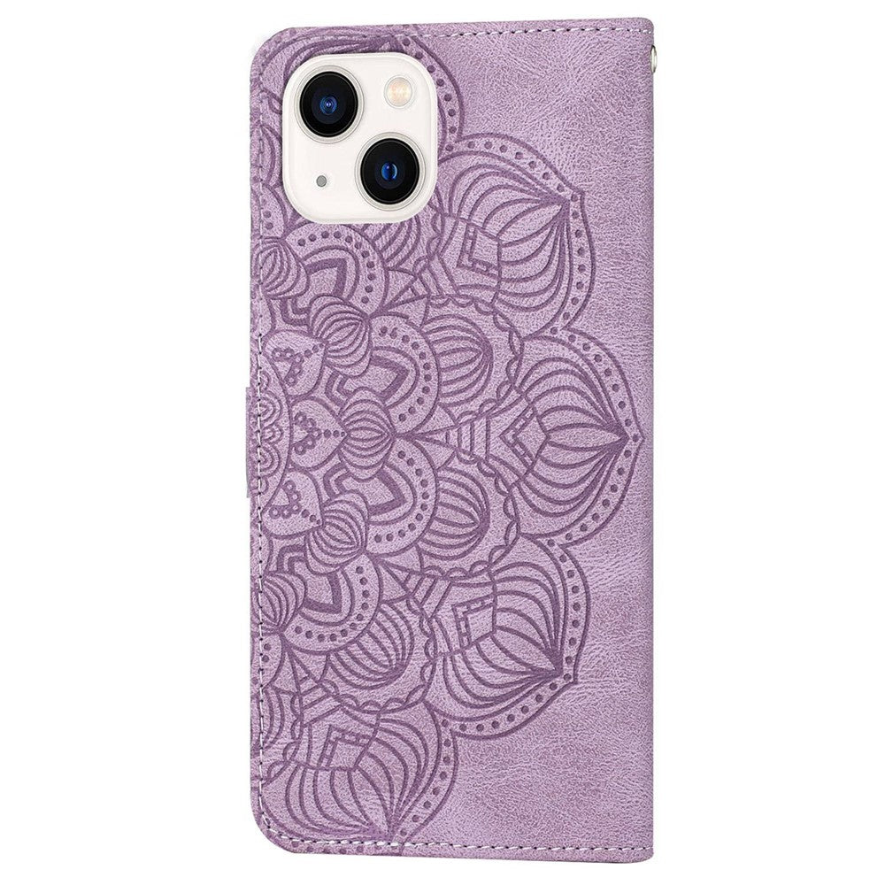 For iPhone 14 Plus Mandala Flower Imprinted Wallet Case PU Leather Wrist Strap Stand Feature Flip Cover