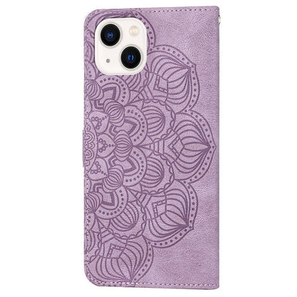 For iPhone 14 Plus Mandala Flower Imprinted Wallet Case PU Leather Wrist Strap Stand Feature Flip Cover