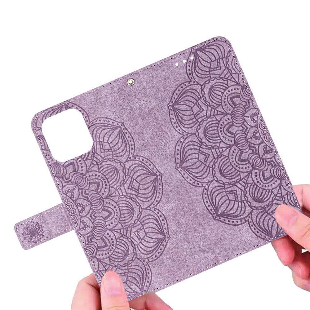 For iPhone 14 Plus Mandala Flower Imprinted Wallet Case PU Leather Wrist Strap Stand Feature Flip Cover