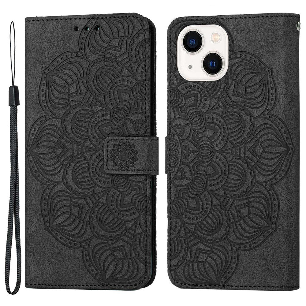 For iPhone 14 Plus Mandala Flower Imprinted Wallet Case PU Leather Wrist Strap Stand Feature Flip Cover