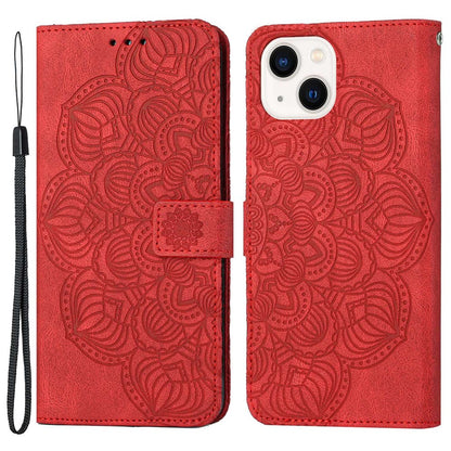 For iPhone 14 Plus Mandala Flower Imprinted Wallet Case PU Leather Wrist Strap Stand Feature Flip Cover