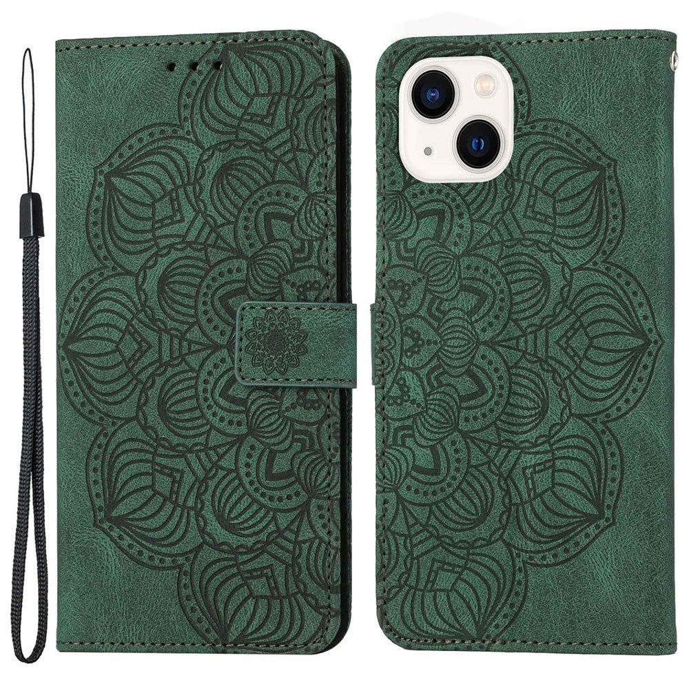 For iPhone 14 Plus Mandala Flower Imprinted Wallet Case PU Leather Wrist Strap Stand Feature Flip Cover