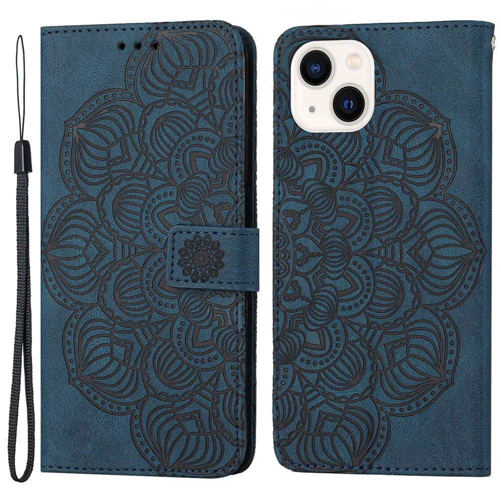 For iPhone 14 Plus Mandala Flower Imprinted Wallet Case PU Leather Wrist Strap Stand Feature Flip Cover