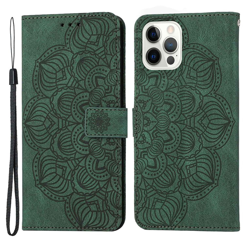 For iPhone 14 Pro Max 6.7 inch Imprinted Mandala Flower PU Leather Phone Case Wallet Stand Magnetic Protective Cover with Wrist Strap