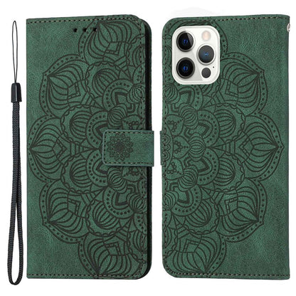 For iPhone 14 Pro Max 6.7 inch Imprinted Mandala Flower PU Leather Phone Case Wallet Stand Magnetic Protective Cover with Wrist Strap