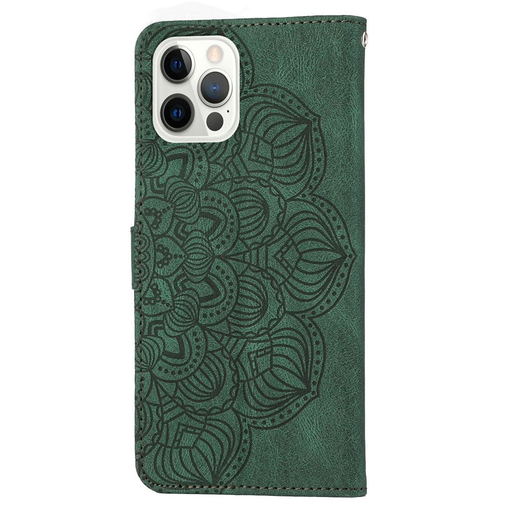 For iPhone 14 Pro Max 6.7 inch Imprinted Mandala Flower PU Leather Phone Case Wallet Stand Magnetic Protective Cover with Wrist Strap