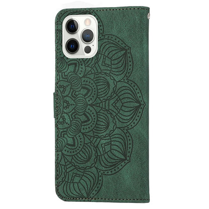 For iPhone 14 Pro Max 6.7 inch Imprinted Mandala Flower PU Leather Phone Case Wallet Stand Magnetic Protective Cover with Wrist Strap