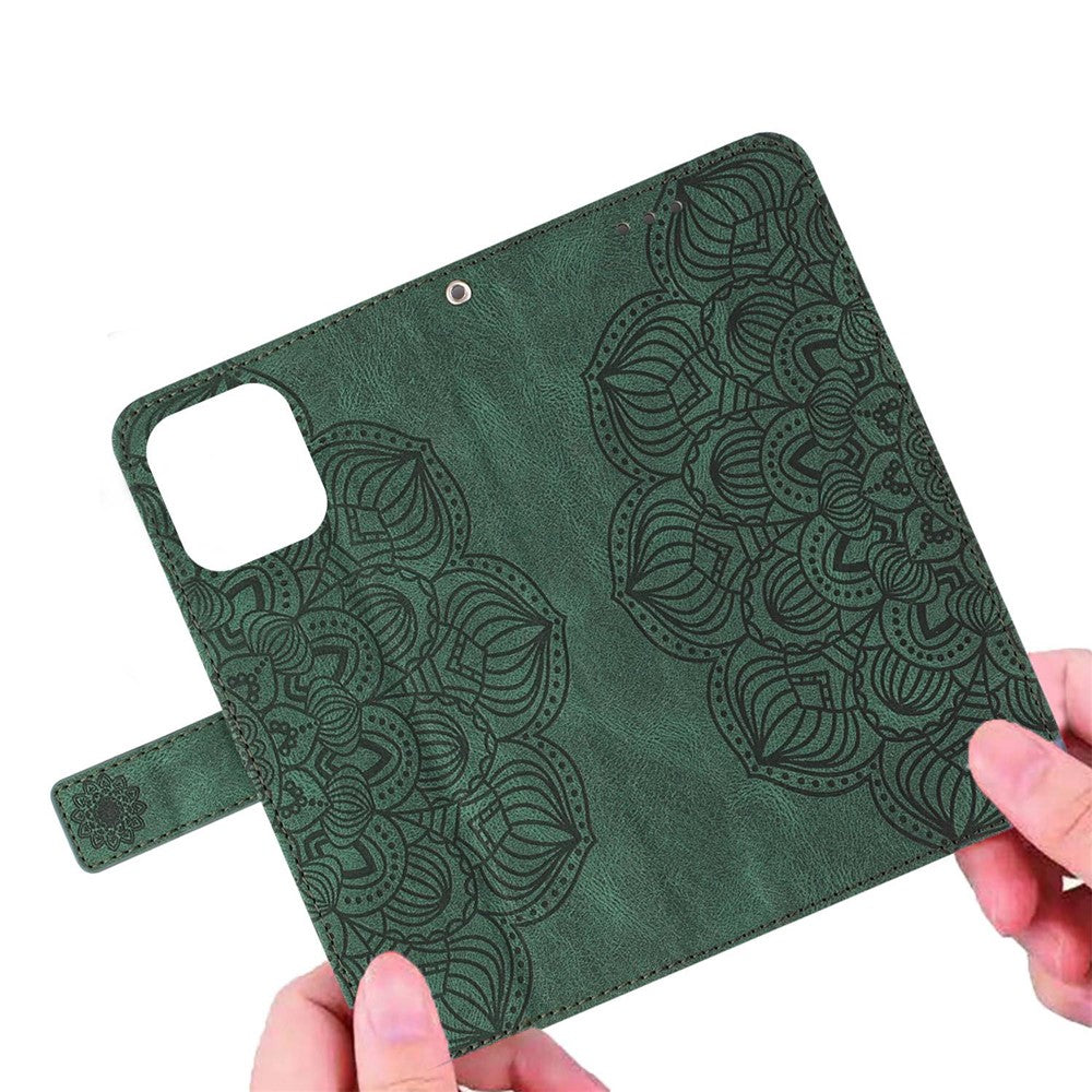 For iPhone 14 Pro Max 6.7 inch Imprinted Mandala Flower PU Leather Phone Case Wallet Stand Magnetic Protective Cover with Wrist Strap