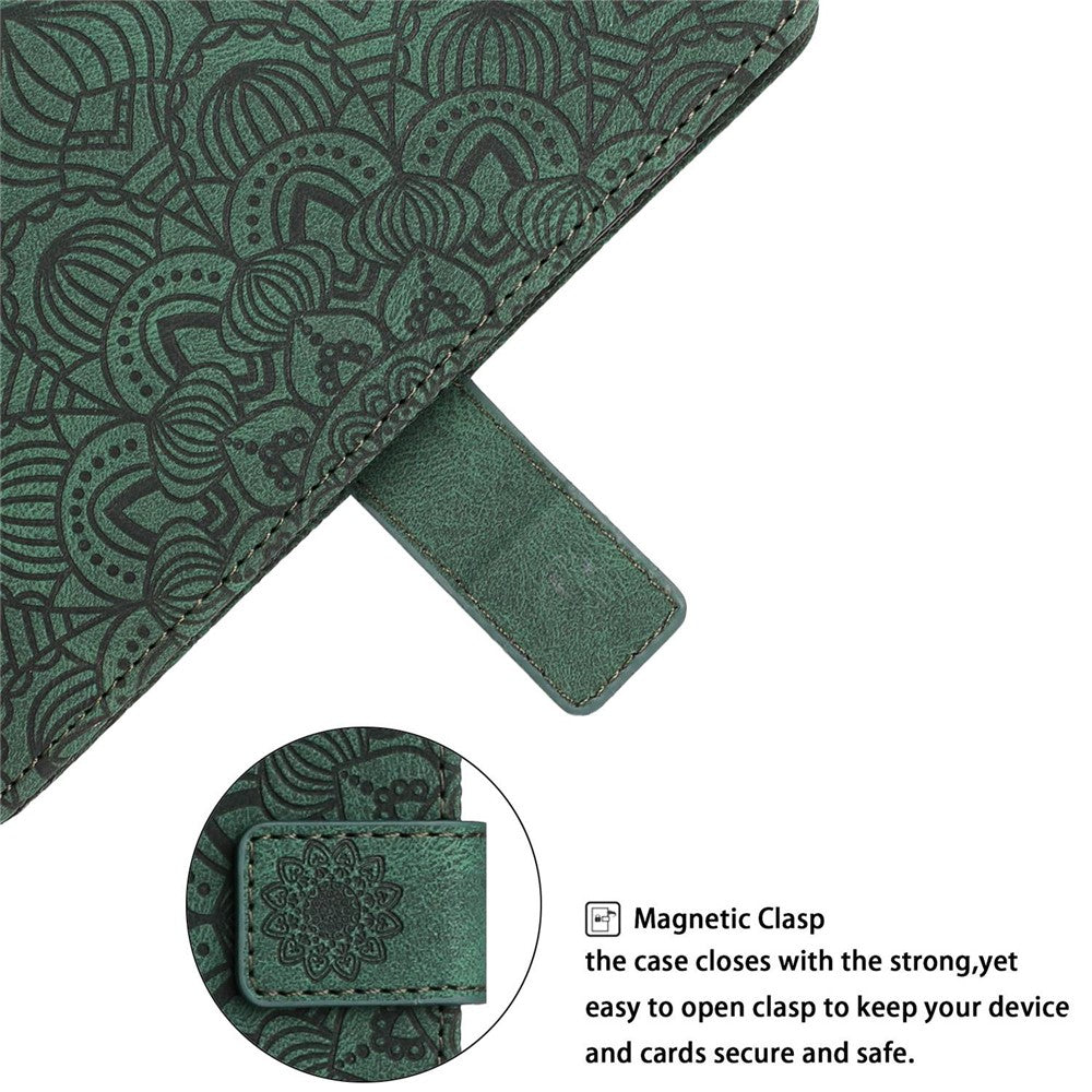 For iPhone 14 Pro Max 6.7 inch Imprinted Mandala Flower PU Leather Phone Case Wallet Stand Magnetic Protective Cover with Wrist Strap