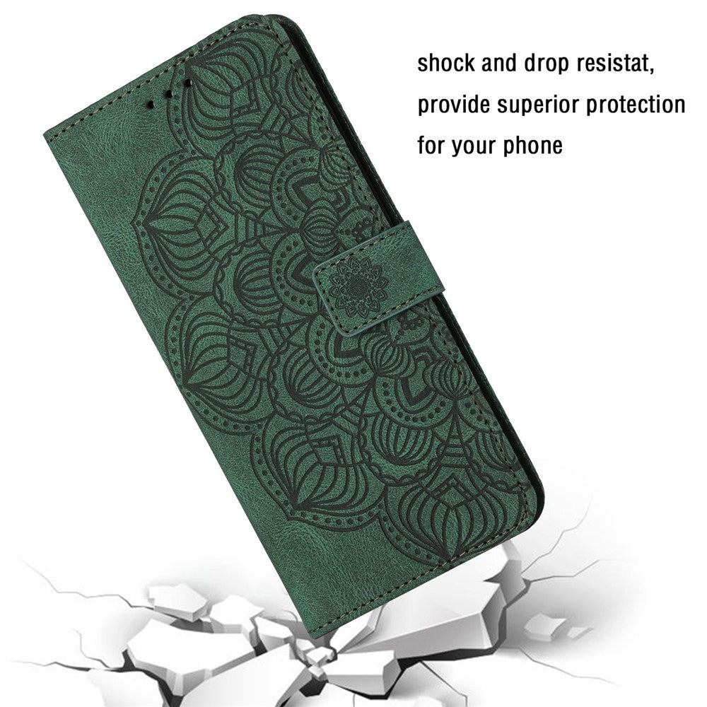 For iPhone 14 Pro Max 6.7 inch Imprinted Mandala Flower PU Leather Phone Case Wallet Stand Magnetic Protective Cover with Wrist Strap