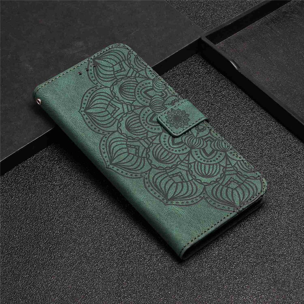 For iPhone 14 Pro Max 6.7 inch Imprinted Mandala Flower PU Leather Phone Case Wallet Stand Magnetic Protective Cover with Wrist Strap