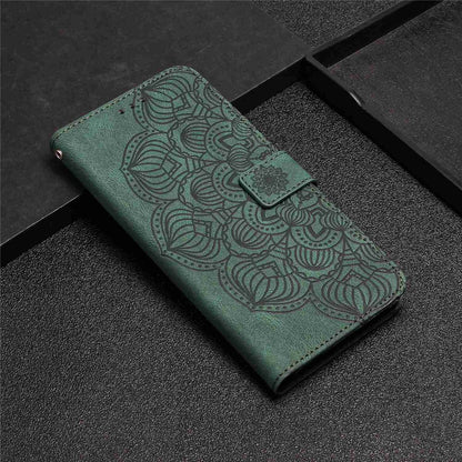 For iPhone 14 Pro Max 6.7 inch Imprinted Mandala Flower PU Leather Phone Case Wallet Stand Magnetic Protective Cover with Wrist Strap