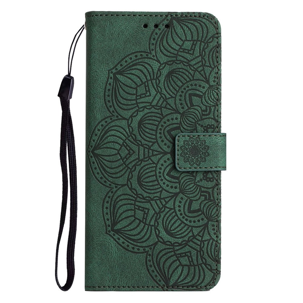 For iPhone 14 Pro Max 6.7 inch Imprinted Mandala Flower PU Leather Phone Case Wallet Stand Magnetic Protective Cover with Wrist Strap