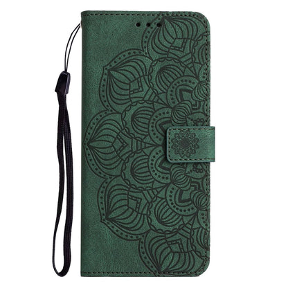 For iPhone 14 Pro Max 6.7 inch Imprinted Mandala Flower PU Leather Phone Case Wallet Stand Magnetic Protective Cover with Wrist Strap
