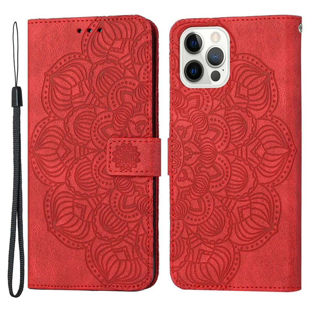 For iPhone 14 Pro Max 6.7 inch Imprinted Mandala Flower PU Leather Phone Case Wallet Stand Magnetic Protective Cover with Wrist Strap