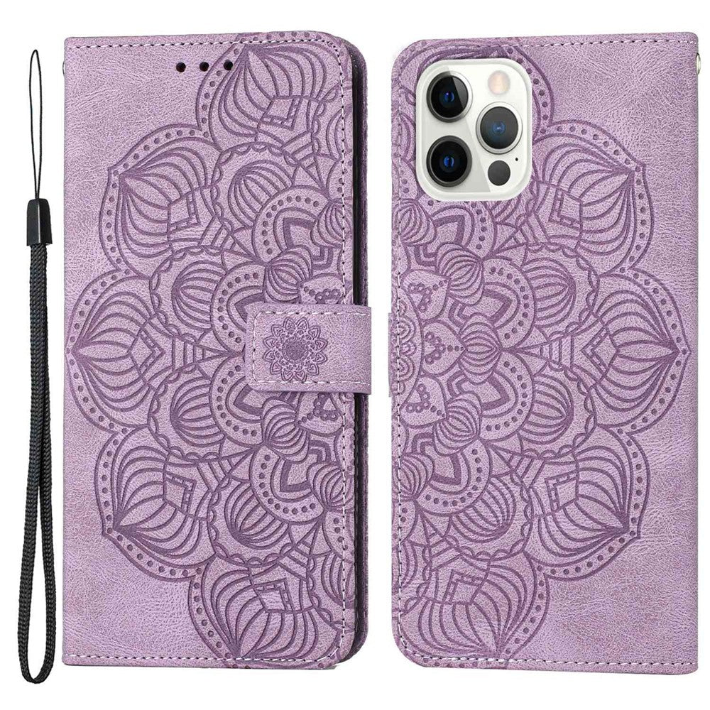 For iPhone 14 Pro Max 6.7 inch Imprinted Mandala Flower PU Leather Phone Case Wallet Stand Magnetic Protective Cover with Wrist Strap