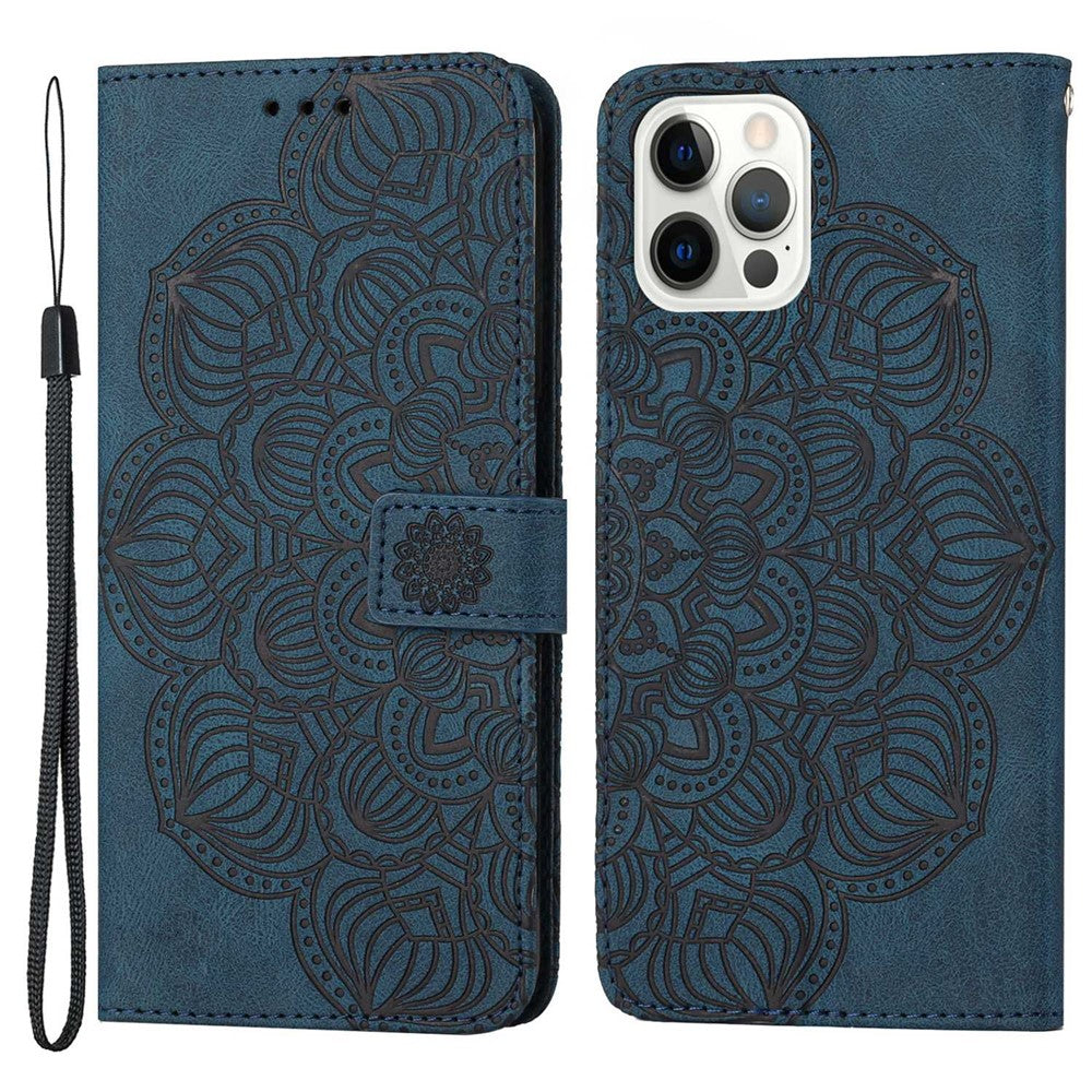 For iPhone 14 Pro Max 6.7 inch Imprinted Mandala Flower PU Leather Phone Case Wallet Stand Magnetic Protective Cover with Wrist Strap