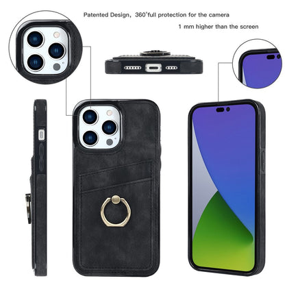 For iPhone 14 Pro Max 6.7 inch Retro Phone Case Leather Coated TPU Ring Holder Kickstand Feature Anti-fall Shell with Card Slots