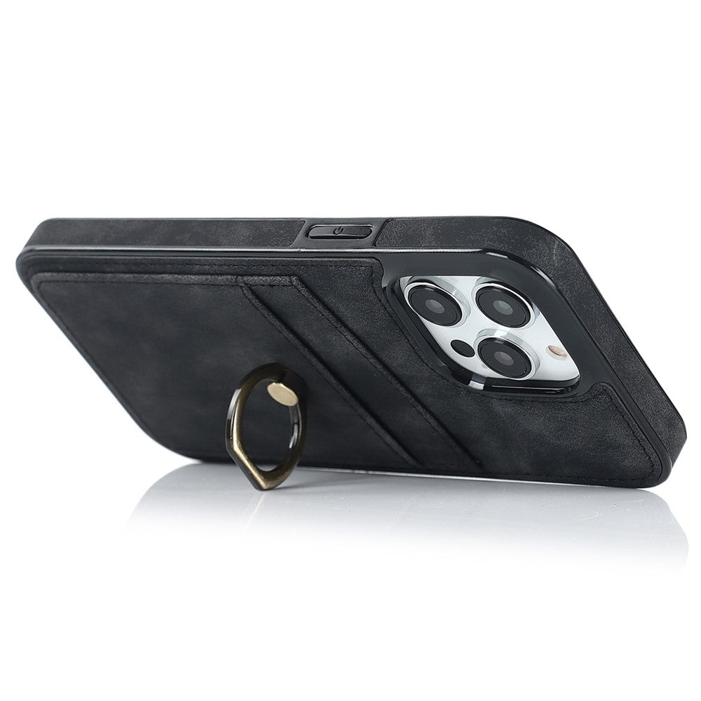 For iPhone 14 Pro Max 6.7 inch Retro Phone Case Leather Coated TPU Ring Holder Kickstand Feature Anti-fall Shell with Card Slots
