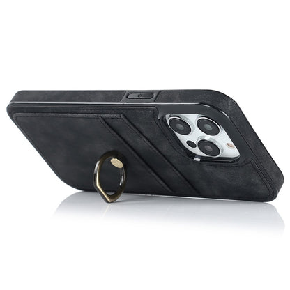 For iPhone 14 Pro Max 6.7 inch Retro Phone Case Leather Coated TPU Ring Holder Kickstand Feature Anti-fall Shell with Card Slots