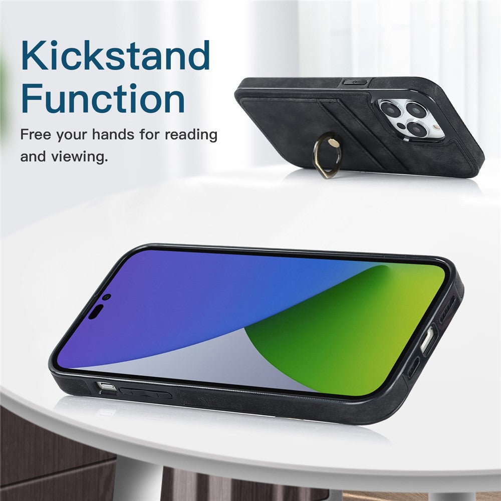 For iPhone 14 Pro Max 6.7 inch Retro Phone Case Leather Coated TPU Ring Holder Kickstand Feature Anti-fall Shell with Card Slots
