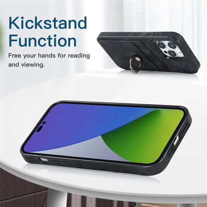 For iPhone 14 Pro Max 6.7 inch Retro Phone Case Leather Coated TPU Ring Holder Kickstand Feature Anti-fall Shell with Card Slots