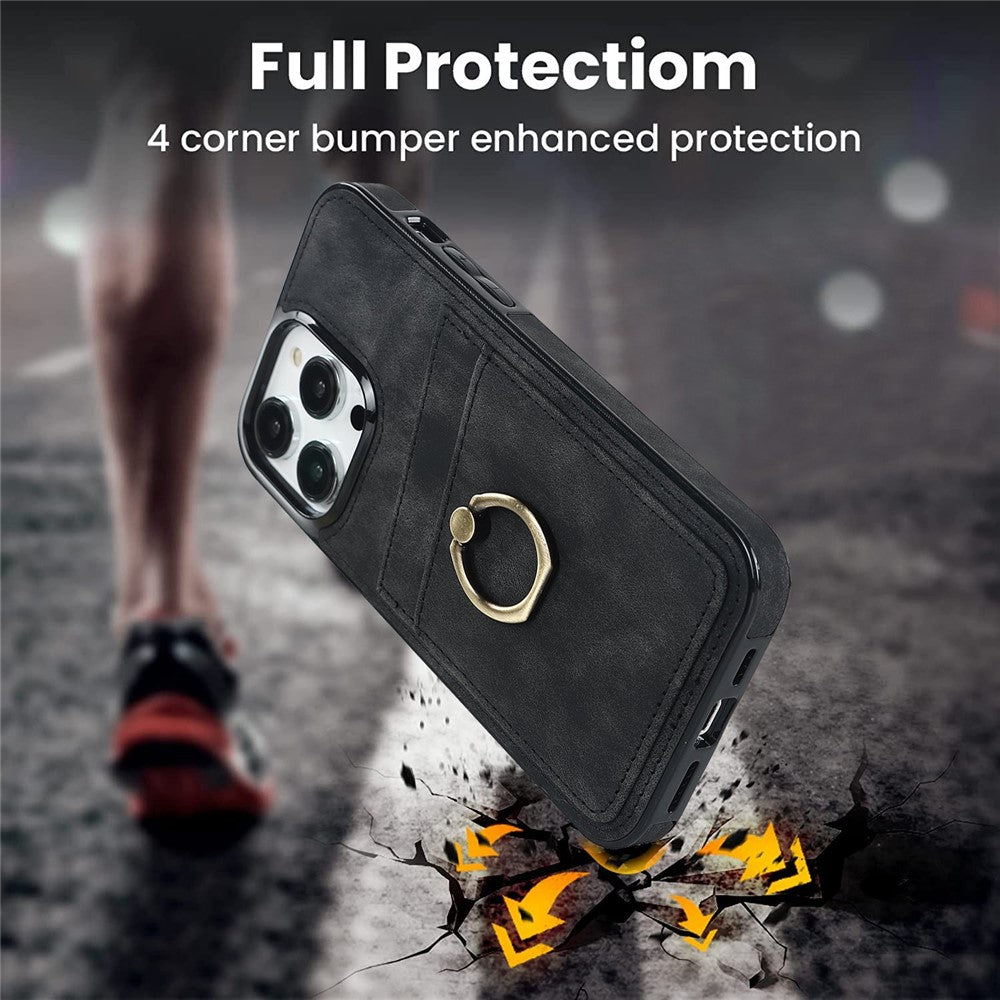 For iPhone 14 Pro Max 6.7 inch Retro Phone Case Leather Coated TPU Ring Holder Kickstand Feature Anti-fall Shell with Card Slots