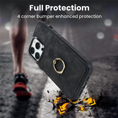 For iPhone 14 Pro Max 6.7 inch Retro Phone Case Leather Coated TPU Ring Holder Kickstand Feature Anti-fall Shell with Card Slots