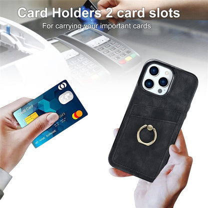For iPhone 14 Pro Max 6.7 inch Retro Phone Case Leather Coated TPU Ring Holder Kickstand Feature Anti-fall Shell with Card Slots