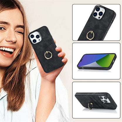 For iPhone 14 Pro Max 6.7 inch Retro Phone Case Leather Coated TPU Ring Holder Kickstand Feature Anti-fall Shell with Card Slots