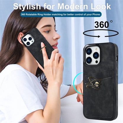 For iPhone 14 Pro Max 6.7 inch Retro Phone Case Leather Coated TPU Ring Holder Kickstand Feature Anti-fall Shell with Card Slots