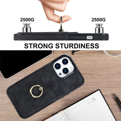 For iPhone 14 Pro Max 6.7 inch Retro Phone Case Leather Coated TPU Ring Holder Kickstand Feature Anti-fall Shell with Card Slots