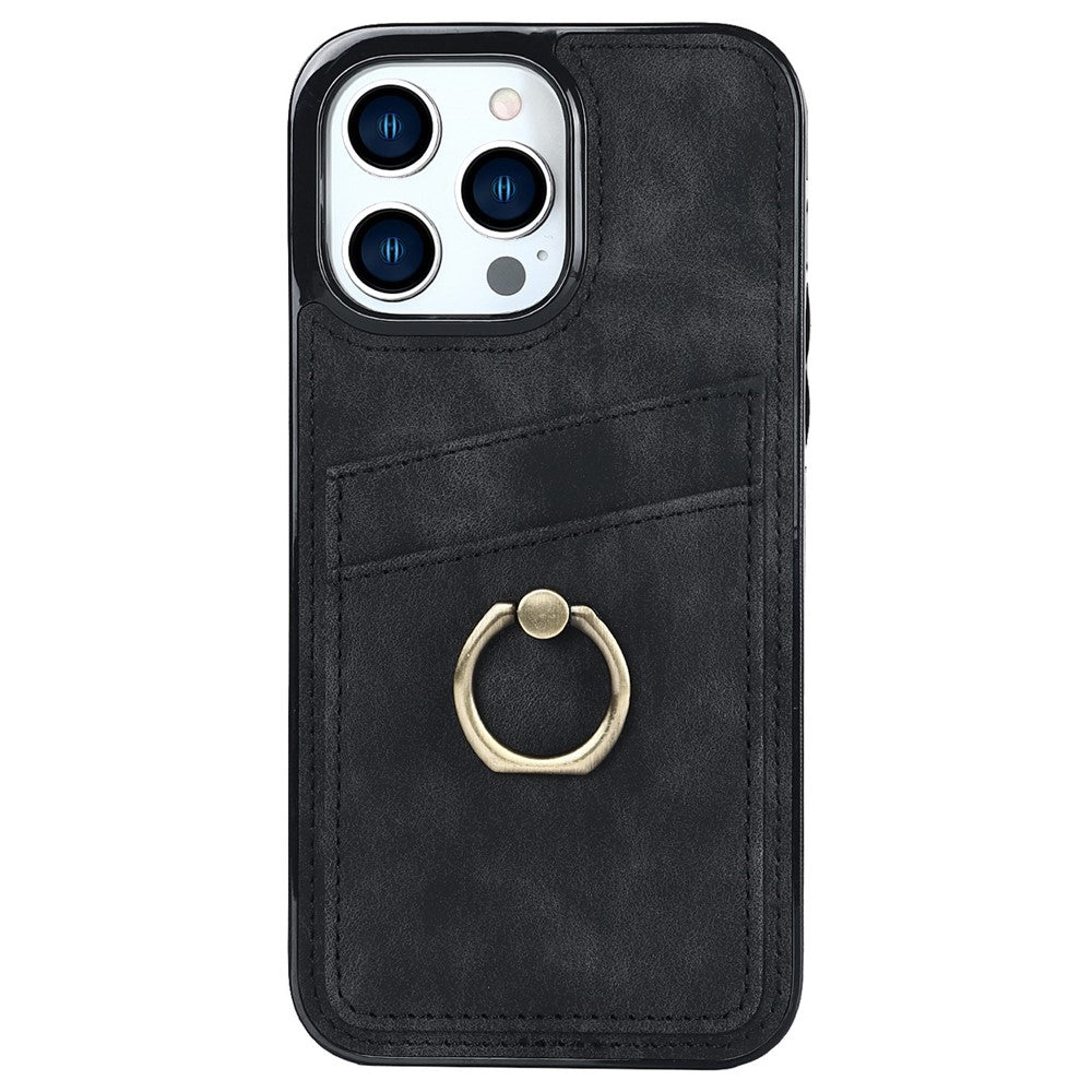 For iPhone 14 Pro Max 6.7 inch Retro Phone Case Leather Coated TPU Ring Holder Kickstand Feature Anti-fall Shell with Card Slots
