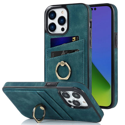 For iPhone 14 Pro Max 6.7 inch Retro Phone Case Leather Coated TPU Ring Holder Kickstand Feature Anti-fall Shell with Card Slots