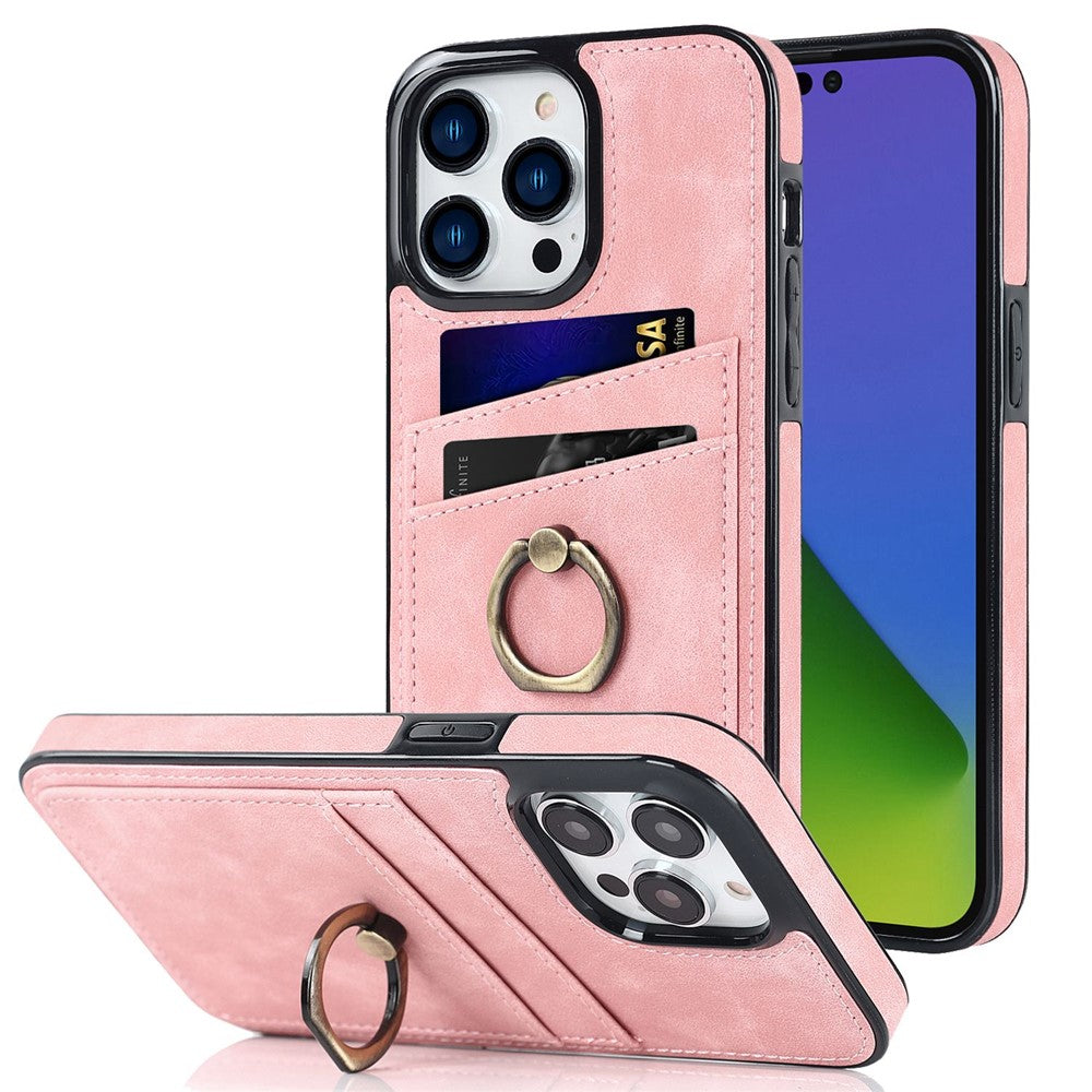 For iPhone 14 Pro Max 6.7 inch Retro Phone Case Leather Coated TPU Ring Holder Kickstand Feature Anti-fall Shell with Card Slots