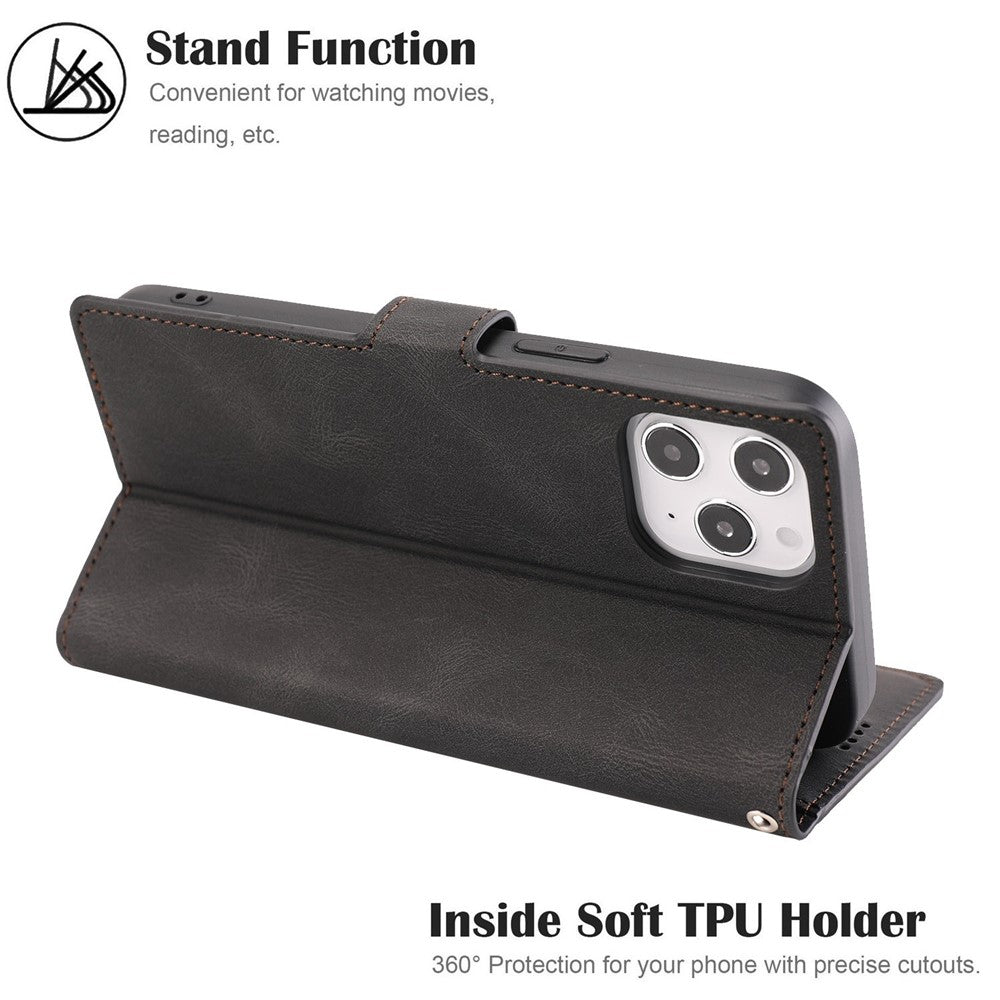 For iPhone 14 Pro Max 6.7 inch PU Leather Wallet Function Phone Shockproof Case Anti-drop Stand Cover with Strap