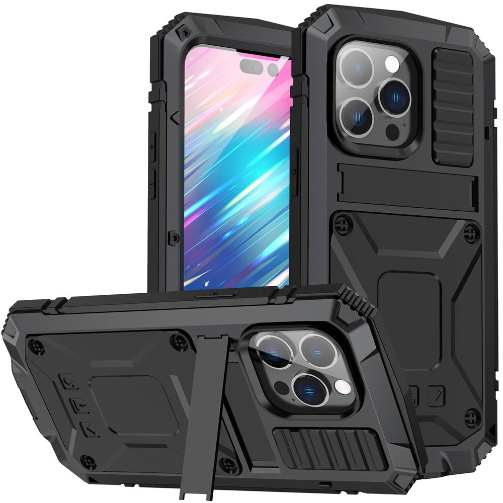 For iPhone 14 Pro Max 6.7 inch Dust-proof Splash-proof Anti-fall Phone Case Metal + Silicone + PC Kickstand Anti-wear Shell with Tempered Glass Film