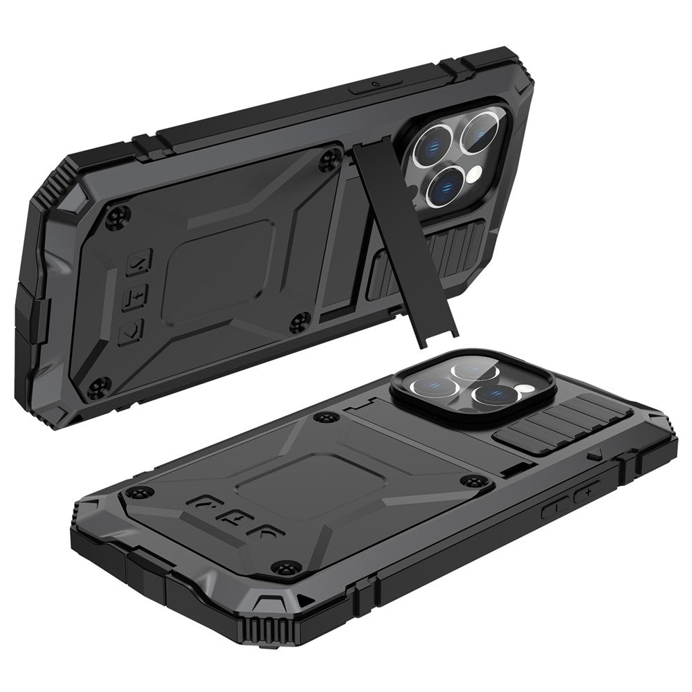 For iPhone 14 Pro Max 6.7 inch Dust-proof Splash-proof Anti-fall Phone Case Metal + Silicone + PC Kickstand Anti-wear Shell with Tempered Glass Film