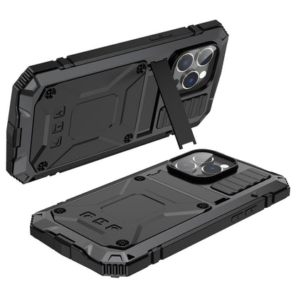 For iPhone 14 Pro Max 6.7 inch Dust-proof Splash-proof Anti-fall Phone Case Metal + Silicone + PC Kickstand Anti-wear Shell with Tempered Glass Film